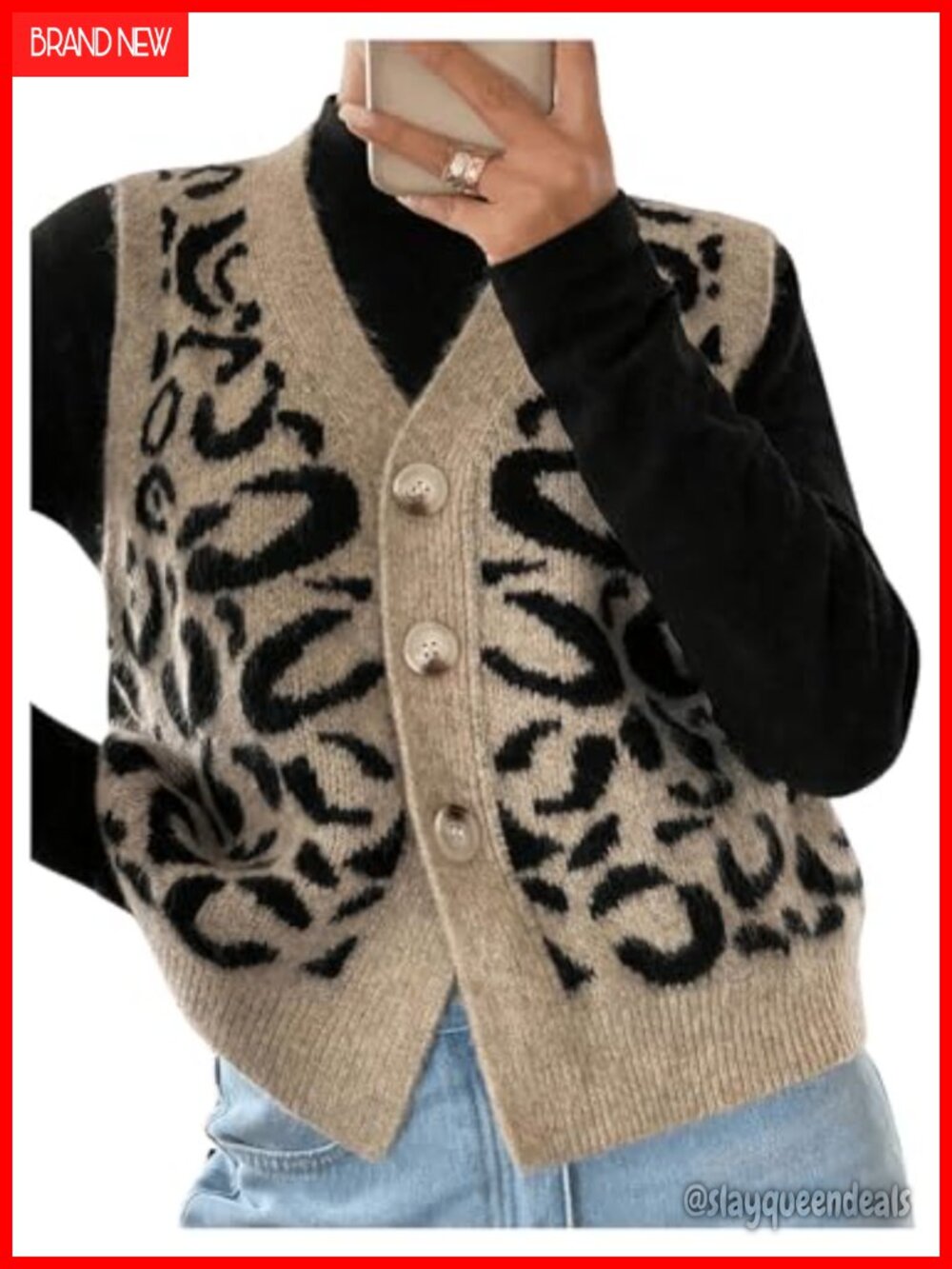 Womens Cheetah Sweater Vest Button Up Sleeveless Knit Y2k Top